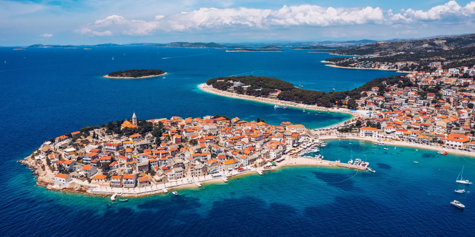 Aerial view of Primosten old town on the islet