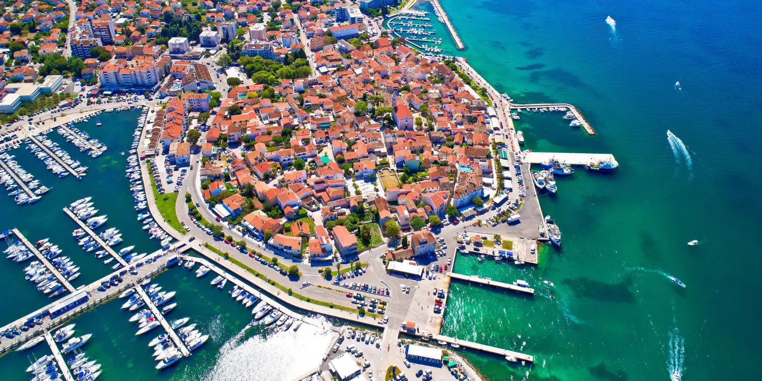 Biograd na Moru historic coastal town aerial view