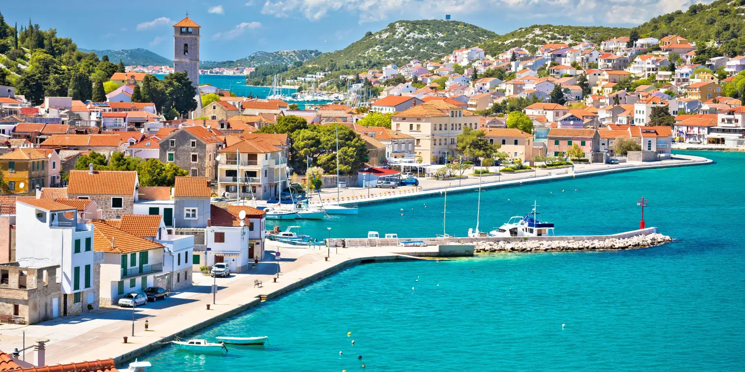 Coastal town of Tisno waterfront view