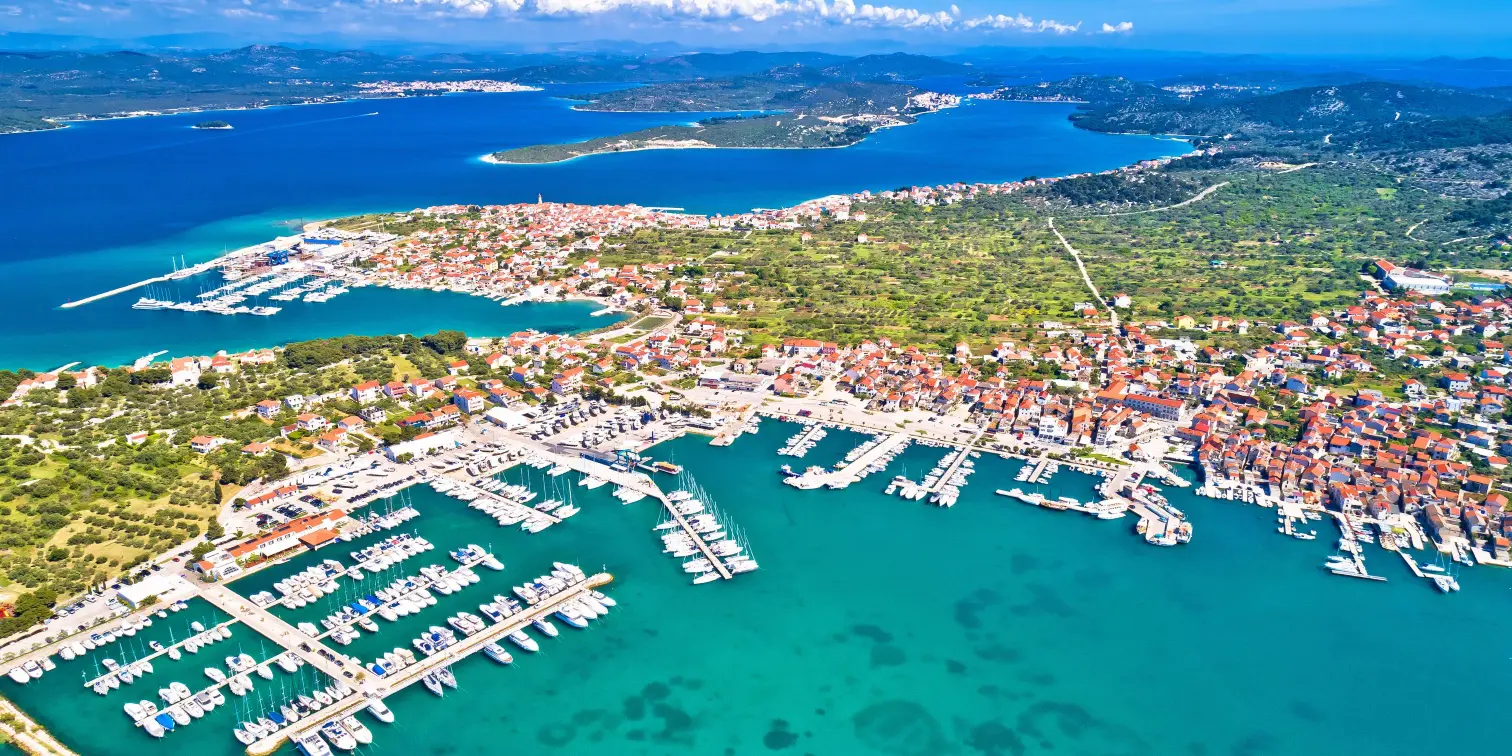 Island of Murter archipelago aerial view, Towns of Murter and Betina,
