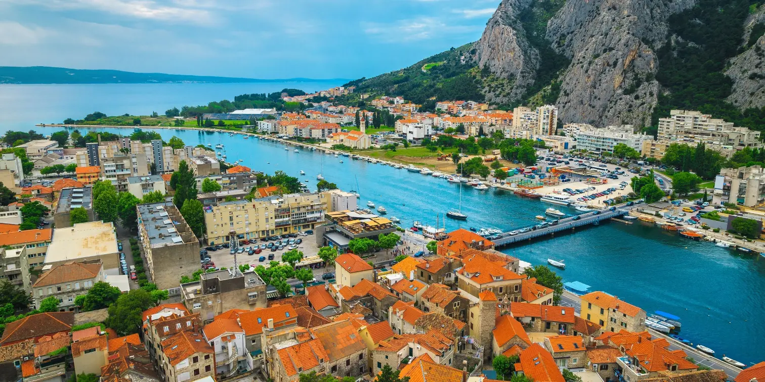 Omis cityscape with Cetina river from the Mirabella fortress, Croatia