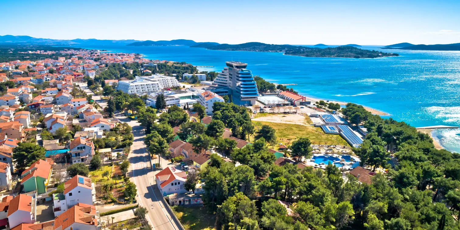 Vodice. Scenic arcipelago town of Vodice aerial view
