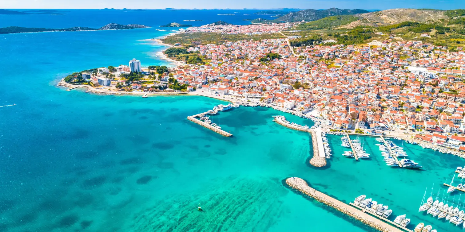 Vodice. Turquoise archipelago in town of Vodice aerial view