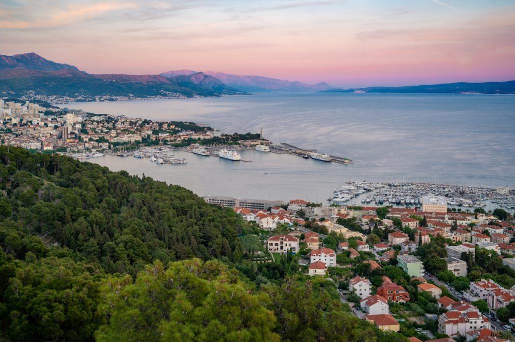 View over Split harbour and old town from the green slopes of Marjan Hill, Croatia