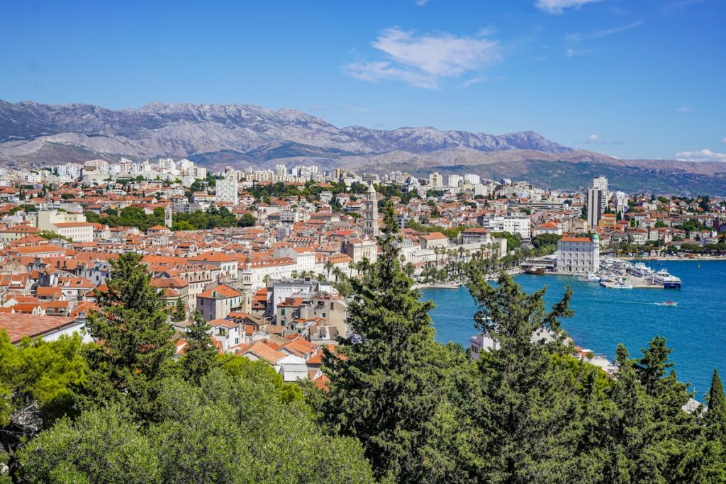 Aerial view of Split old town, Diocletian's Palace and the Riva waterfront beside the Adriatic, Croatia
