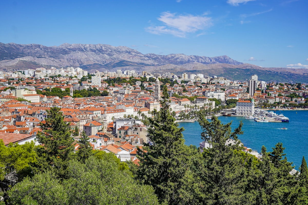 Aerial view of Split old town, Diocletian's Palace and the Riva waterfront beside the Adriatic, Croatia